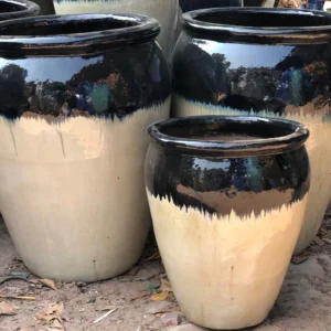 Large Glazed Ceramic Planters – Black & Beige Outdoor Garden Pots