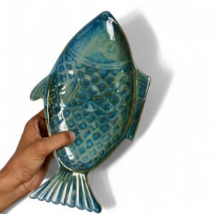 handmade blue glazed fish shaped ceramic serving plate