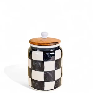Black & White Checkered Ceramic Jar with Wooden Lid