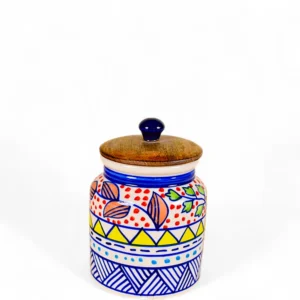 Hand-Painted Ceramic Storage Jar with Wooden Lid – Multicolor Floral Pattern