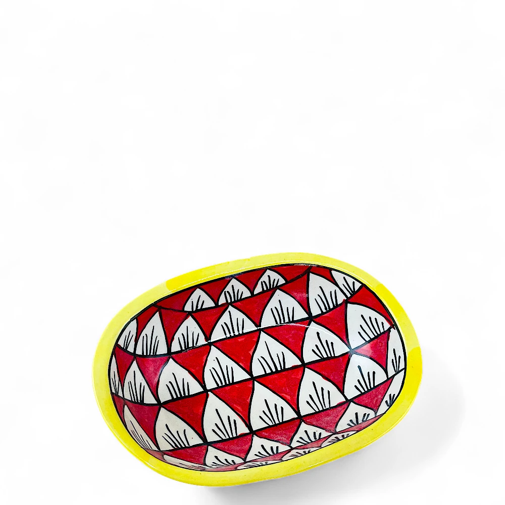 Hand-Painted Geometric Oval Ceramic Bowl