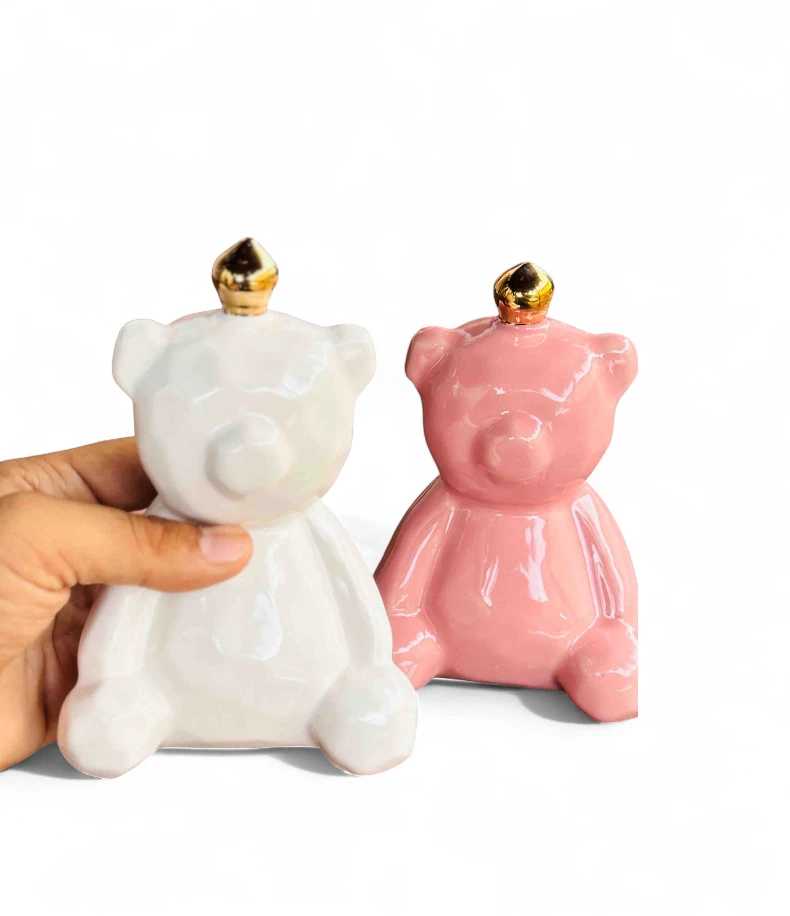 Royal Teddy Ceramic Coin Bank – Pink & White Duo