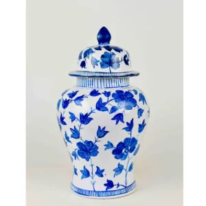Indigo Petal Hand-Painted Ceramic Ginger Jar