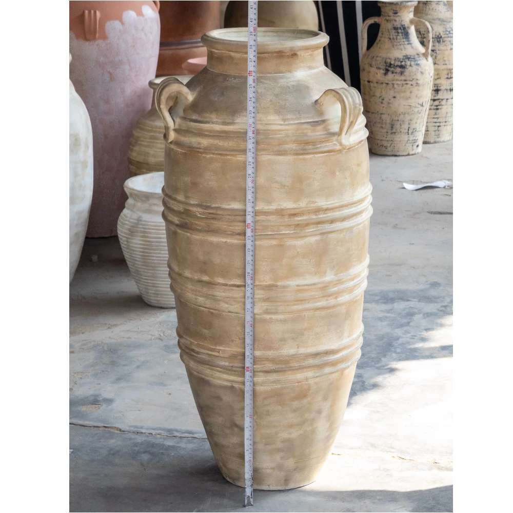 Heritage Ribbed Terracotta Floor Jar with Handles – Antique Sand Finish