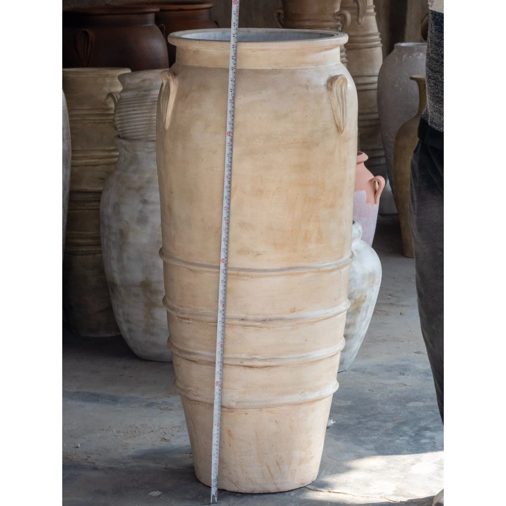 Classic Ribbed Terracotta Floor Planter – Sandstone Ivory Finish