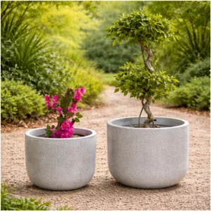 StoneTouch Grey Round Fiberglass Planter – Set of 2