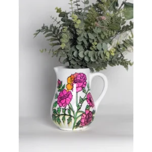 Handcrafted Floral Ceramic Pitcher Vase with Hand-Painted Pink Flower Design