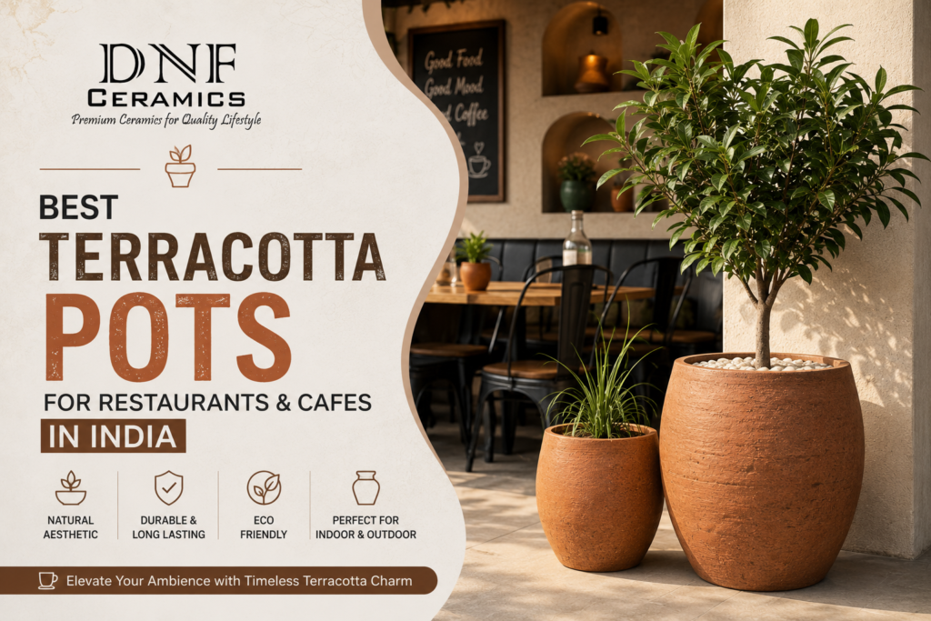 Premium terracotta pots and planters for restaurants and cafes in India featuring rustic designs for outdoor dining spaces, entrances, and interiors.