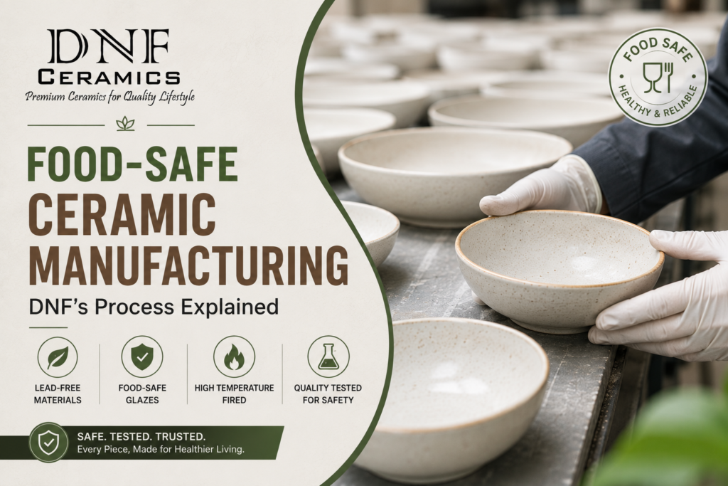 Food-safe ceramic manufacturing process at DNF Ceramics showing quality-controlled production of safe ceramic tableware and products.