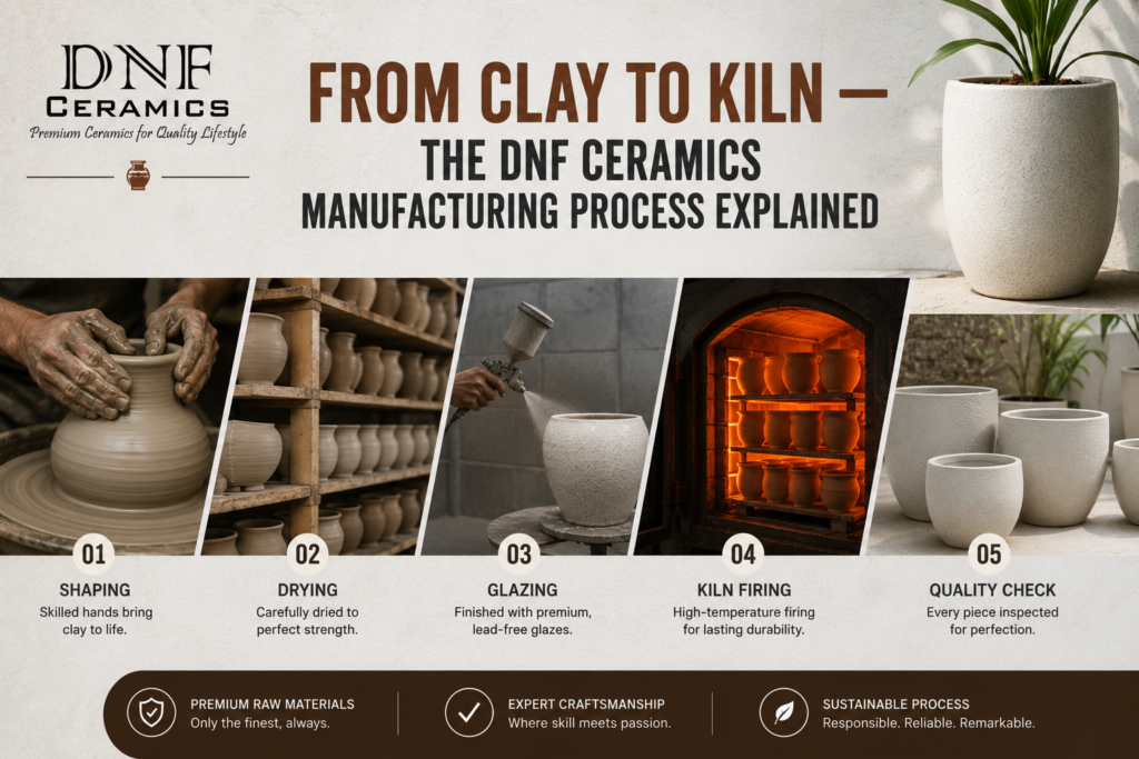 DNF Ceramics manufacturing process showing clay preparation, pottery shaping, glazing, and kiln firing to create premium ceramic products.