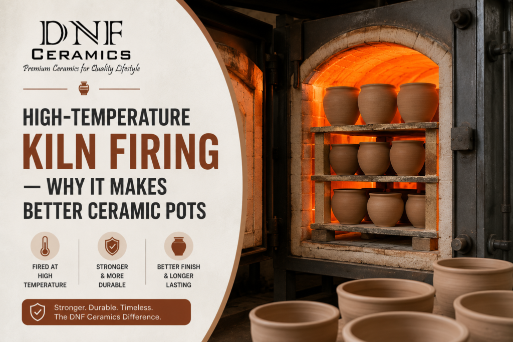 High-temperature kiln firing process for ceramic pots showing durable and premium-quality ceramic manufacturing at DNF Ceramics.