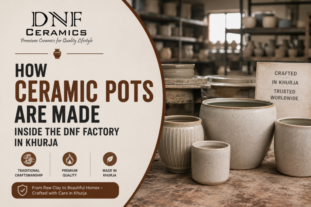 Inside DNF Ceramics factory in Khurja showing ceramic pot manufacturing stages from clay preparation and shaping to glazing and kiln firing.