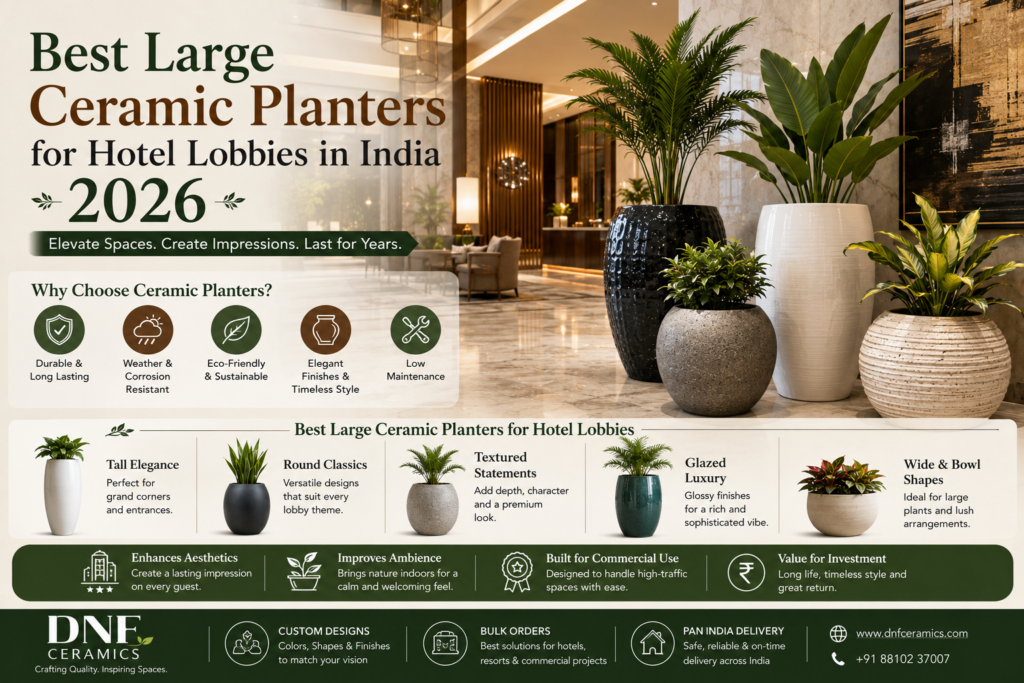 Large ceramic planters for luxury hotel lobbies in India featuring premium glazed designs for reception areas, entrances, and hospitality interiors.