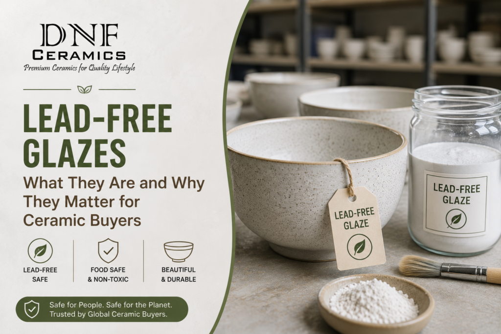 Lead-free glaze ceramic products showing safe, high-quality finishes for tableware, planters, and decorative ceramics.