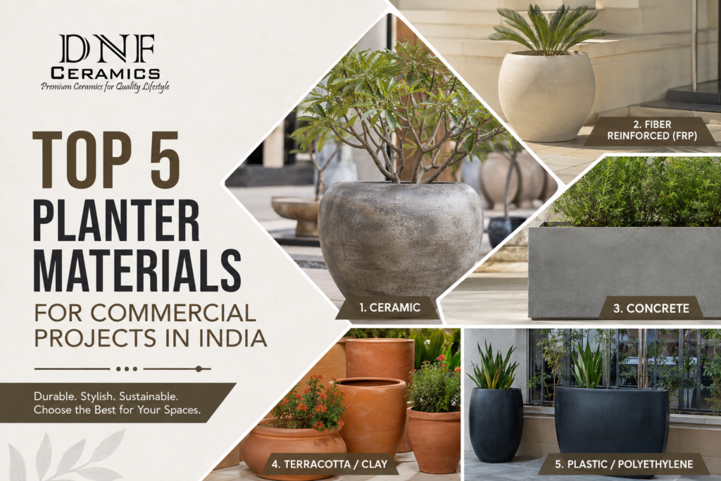 Large commercial outdoor planters made from fiberglass, ceramic, concrete, metal, and FRP materials for landscaping projects in India.