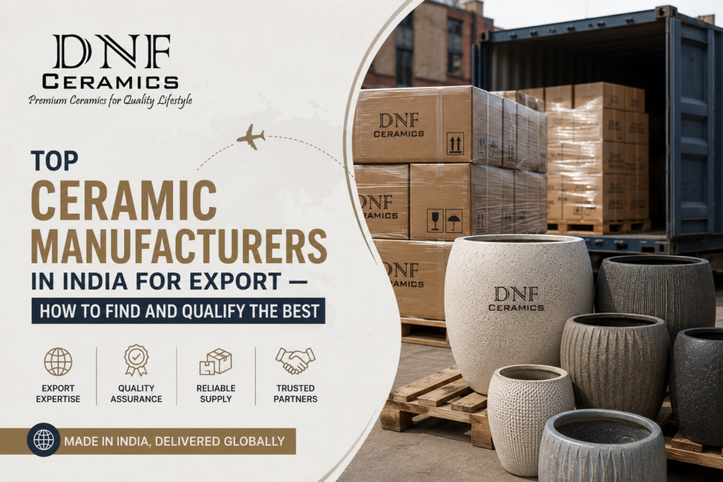 Leading ceramic manufacturers in India producing ceramic planters, tableware, and home décor products for global export markets.