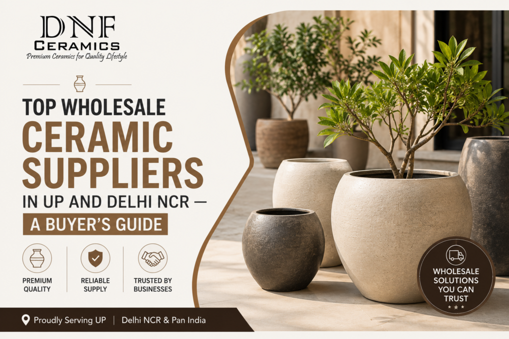 Wholesale ceramic planter suppliers in Uttar Pradesh and Delhi NCR offering premium ceramic pots for bulk commercial and retail projects.