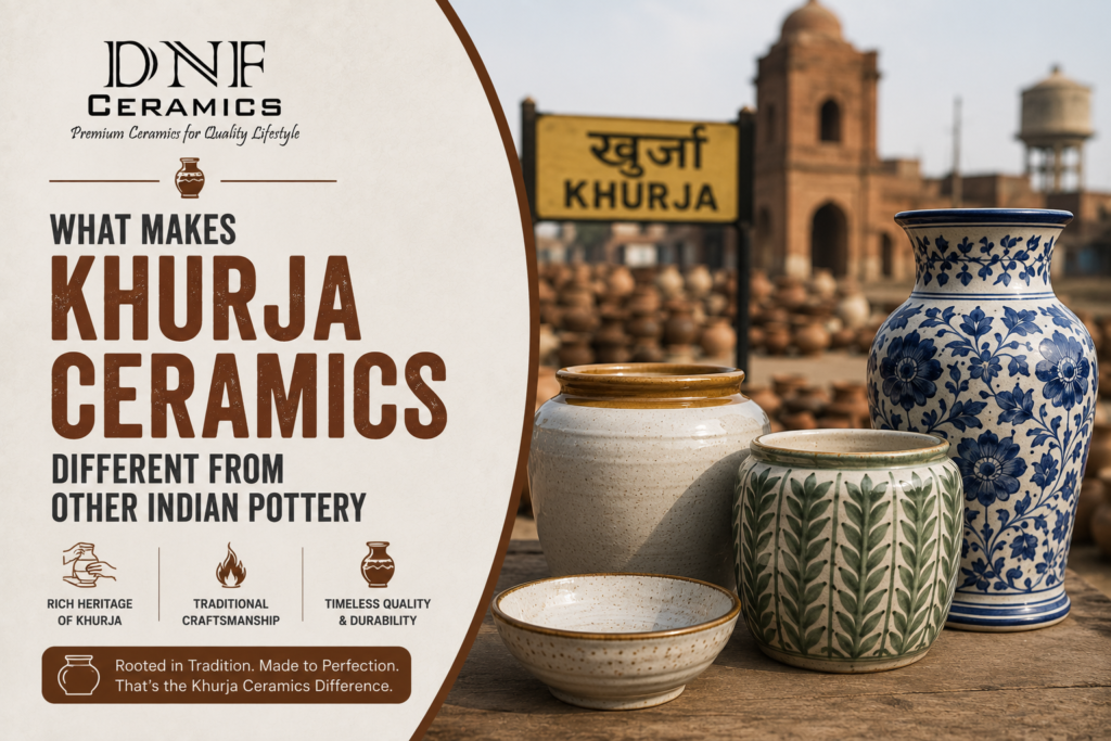 Traditional Khurja ceramics showcasing handcrafted pottery techniques, decorative ceramic designs, and skilled artisan craftsmanship from India.