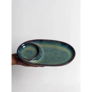 Sage Green Ceramic Serving Platter with Dip Bowl