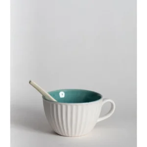 Aqua Ribbed Ceramic Soup Mug with Spoon