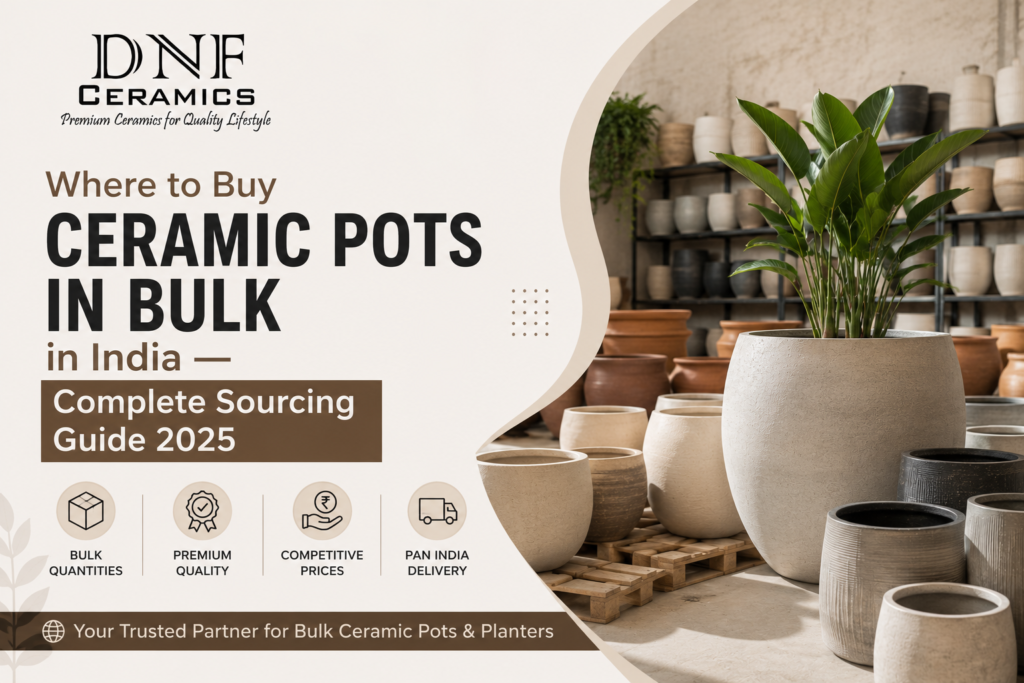 Bulk ceramic pots and planters sourced directly from Indian manufacturers for wholesale, retail, landscaping, and commercial projects.